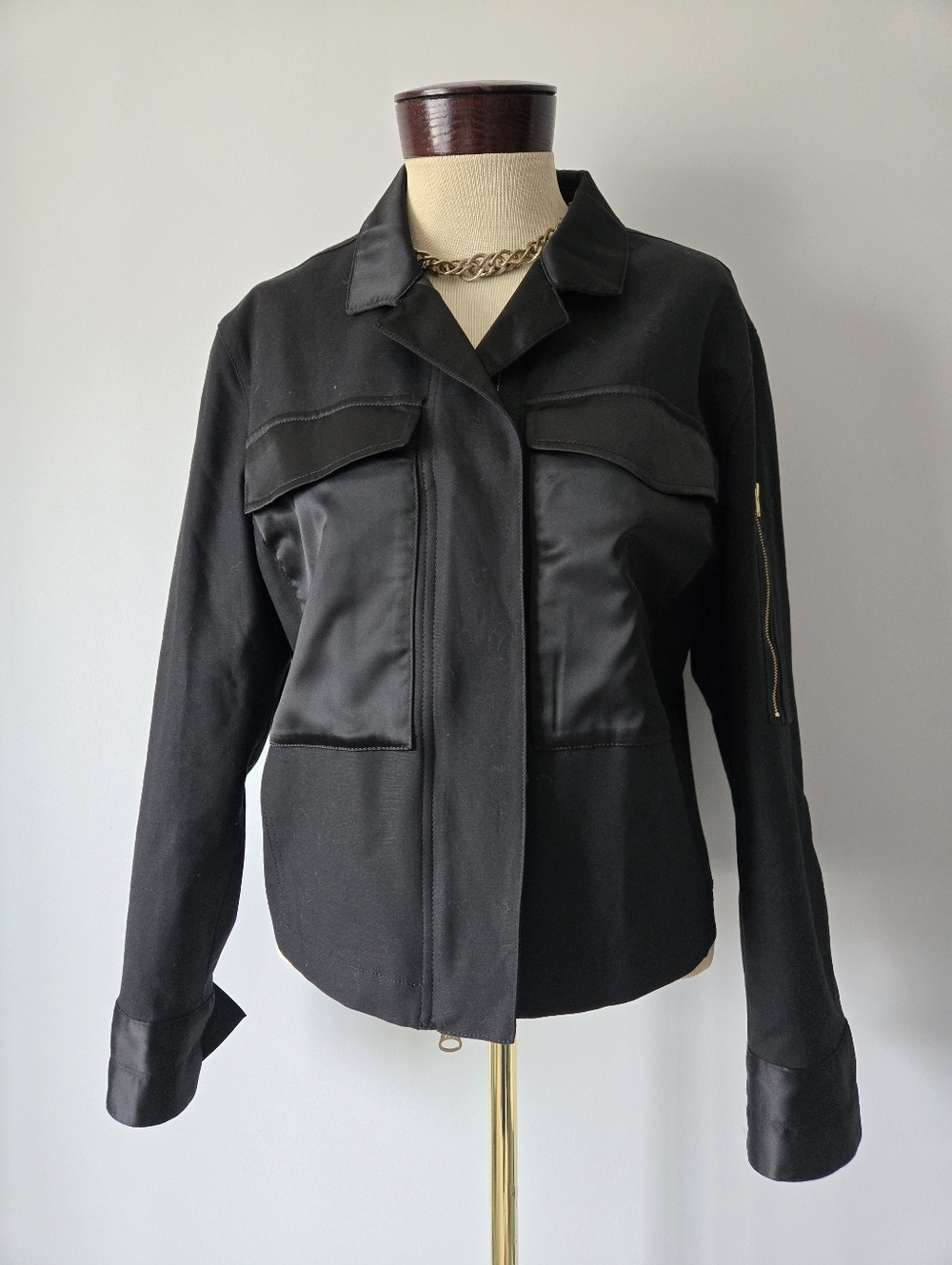CAbi Black Mixed-Media Cotton/ Lyocell Utility Jacket. Size Medium